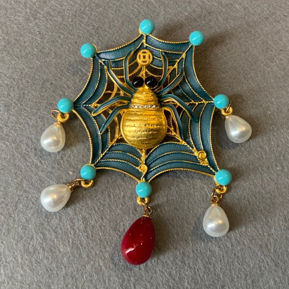 Vintage Blue Enamel Spider Web Brooch Pearl Dangles Gothic Coin Amulet Gold-Tone